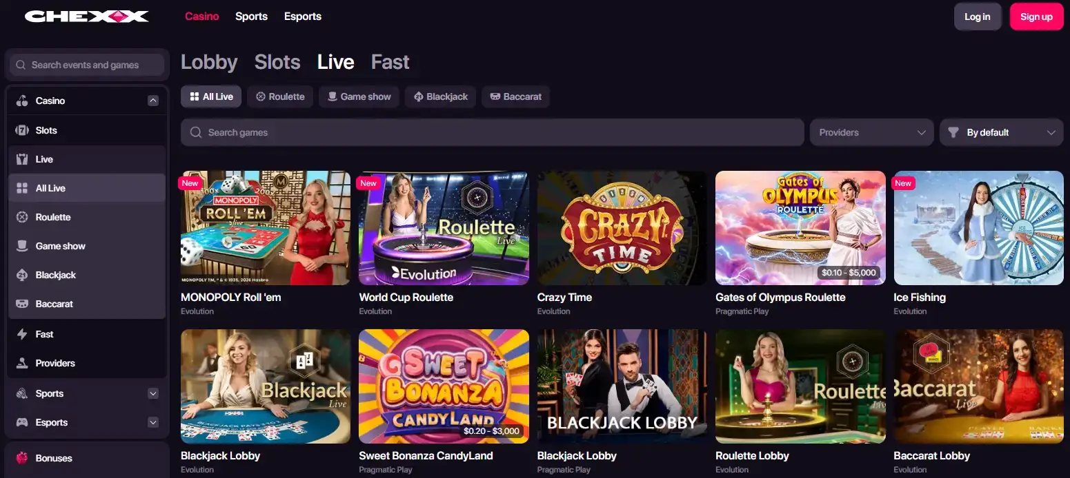 CHEXX live casino lobby with live table categories