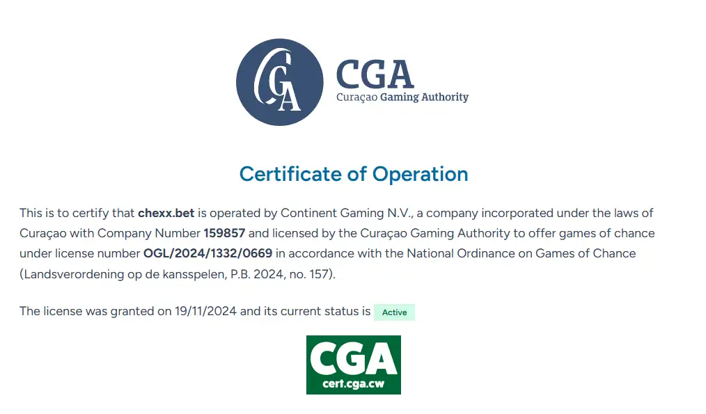 Curaçao Gaming Authority certificate for CHEXX and Continent Gaming N.V.