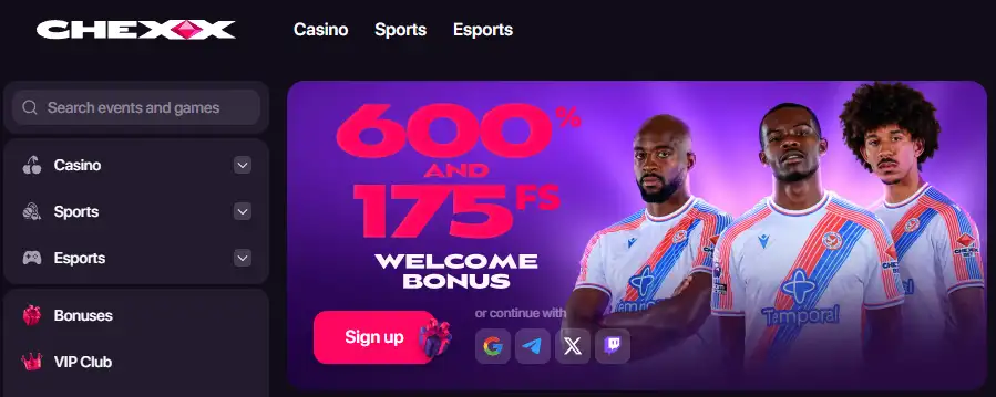 CHEXX Casino Singapore homepage featuring casino games, sports betting and esports