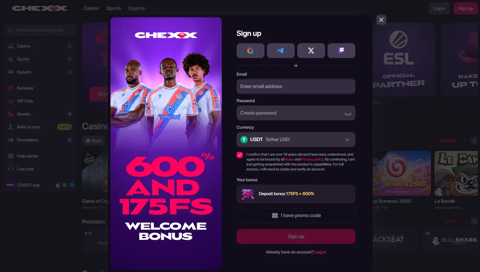 CHEXX registration screen with available sign-up methods