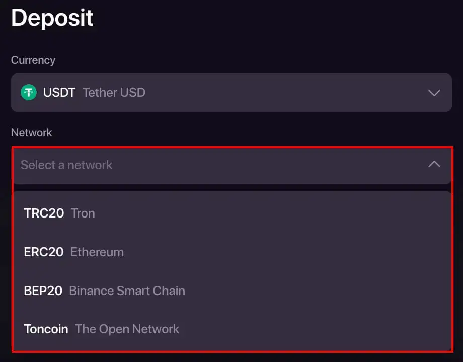 CHEXX crypto cashier and deposit network selection screen