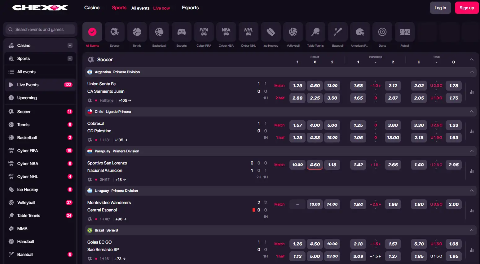 CHEXX sportsbook and esports navigation