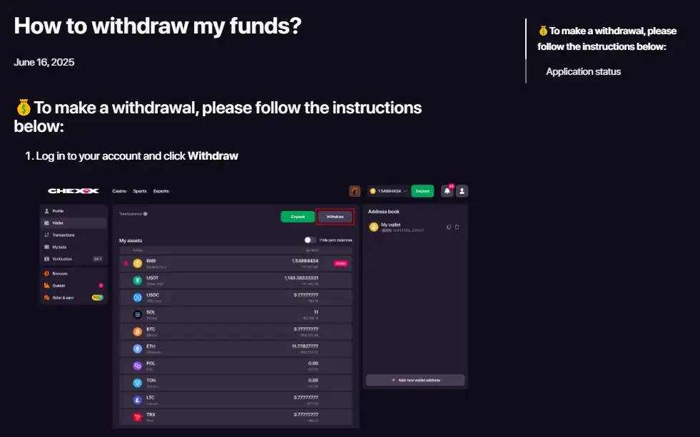 CHEXX withdrawal interface for selecting a cryptocurrency network and wallet