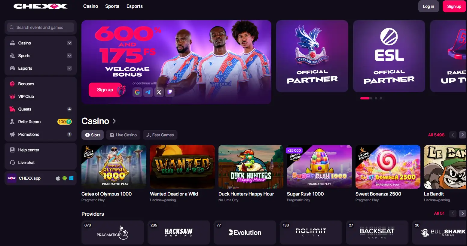 CHEXX homepage interface showing casino and sportsbook navigation