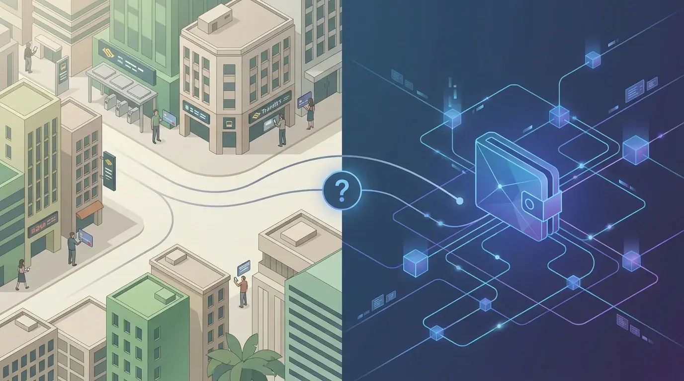 Editorial illustration contrasting Singapore dollar payment expectations with a neutral crypto wallet concept