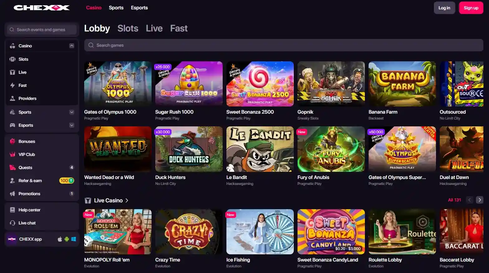 CHEXX casino catalogue or game navigation